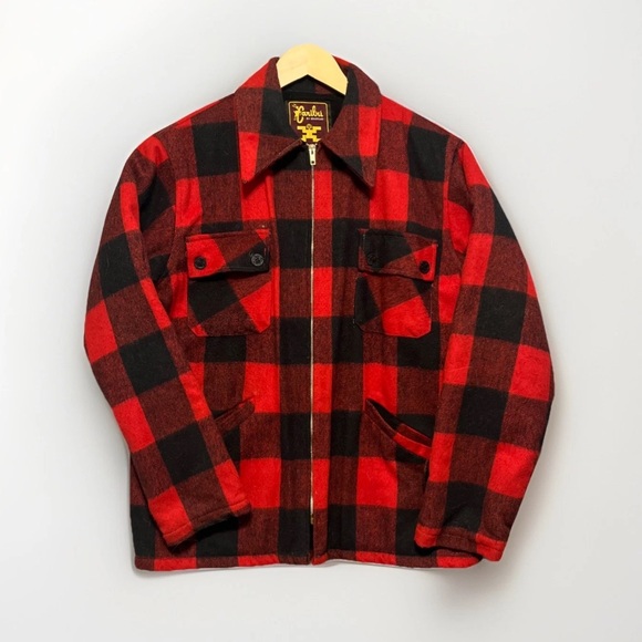 Men’s Red Black Buffalo Plaid Wool Coat Jacket Full Zip Workwear 70s Sz M